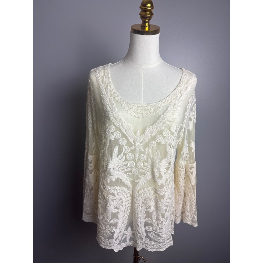 C. Est.1946 Lace Tunic Womens Large Ivory NEW Floral Embroidered Bell Sleeve NWT
